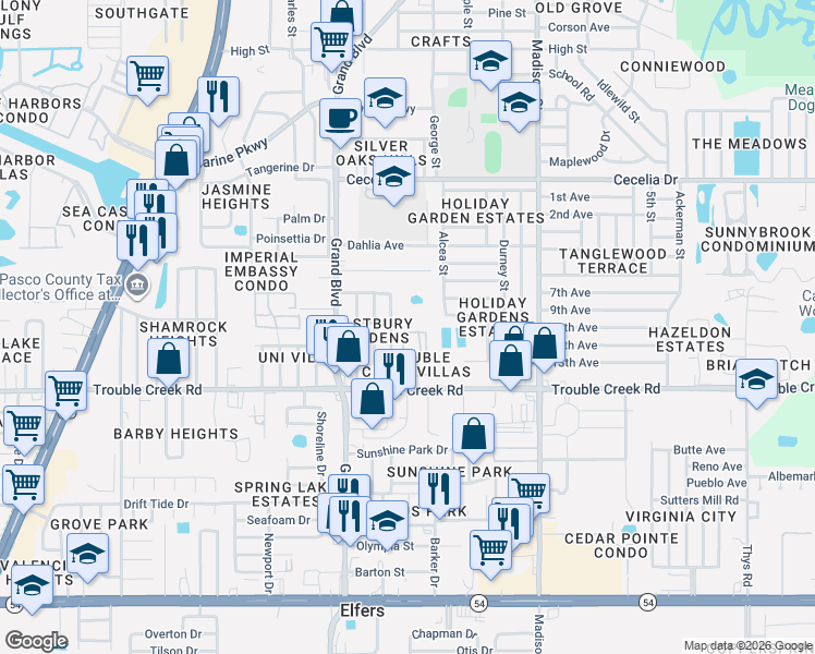 map of restaurants, bars, coffee shops, grocery stores, and more near 5645 Hamilton Harbor Drive in New Port Richey