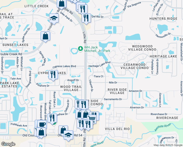 map of restaurants, bars, coffee shops, grocery stores, and more near 4661 Tiburon Drive in New Port Richey