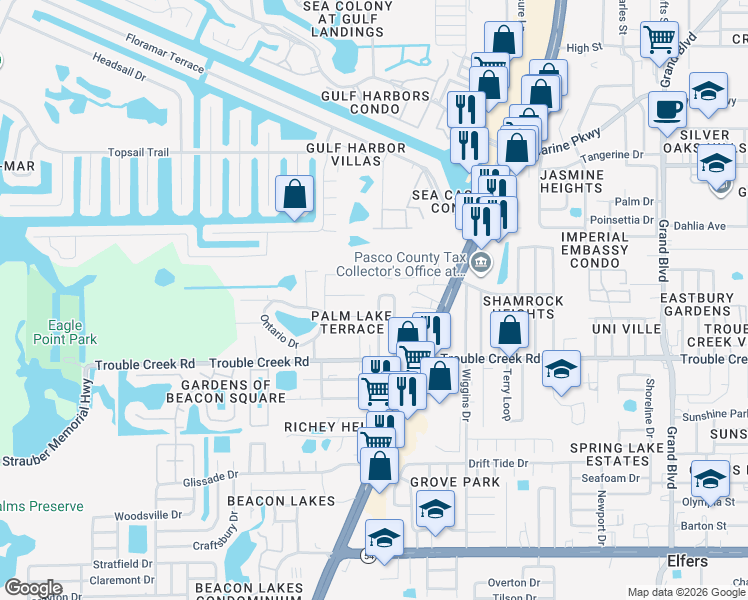 map of restaurants, bars, coffee shops, grocery stores, and more near 4615 Irene Loop in New Port Richey