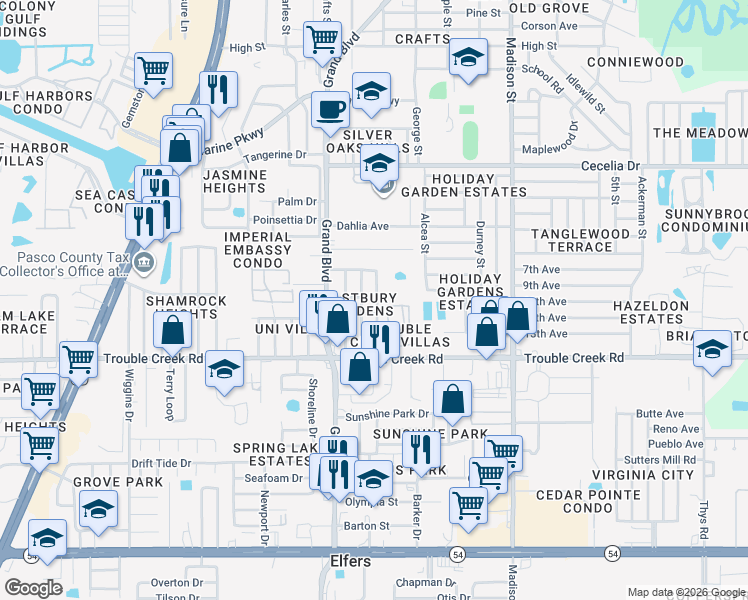 map of restaurants, bars, coffee shops, grocery stores, and more near 4629 Croton Drive in New Port Richey