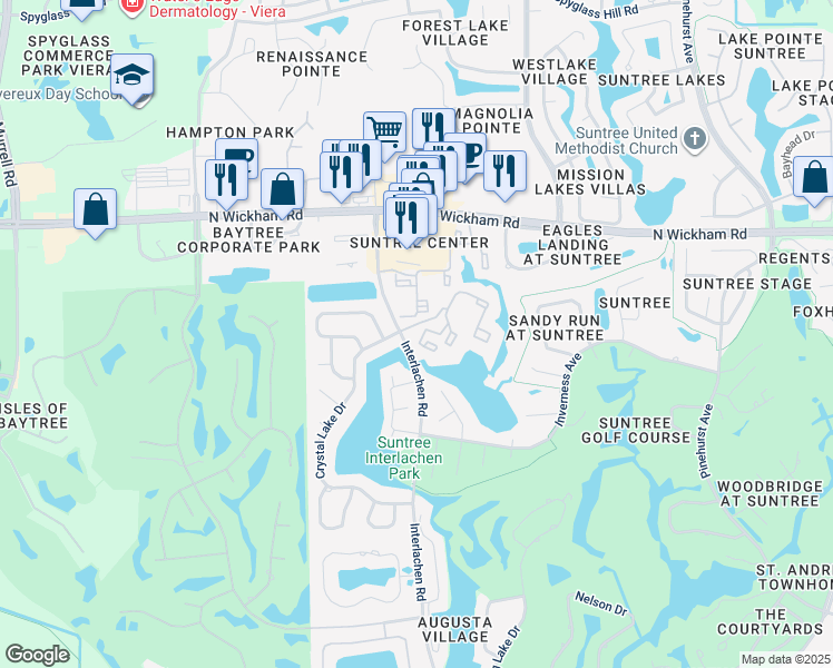 map of restaurants, bars, coffee shops, grocery stores, and more near 205 Plantation Club Drive in Melbourne