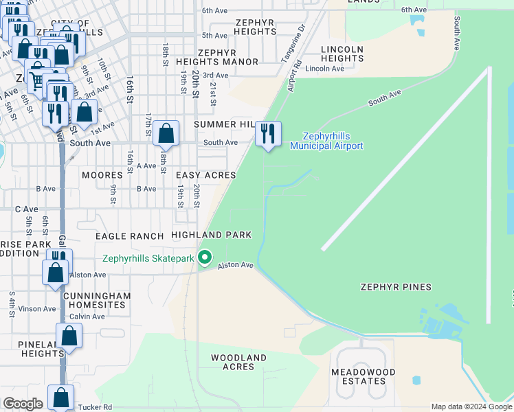 map of restaurants, bars, coffee shops, grocery stores, and more near 4801 Airport Road in Zephyrhills