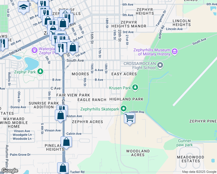 map of restaurants, bars, coffee shops, grocery stores, and more near 4755 19th Street in Zephyrhills