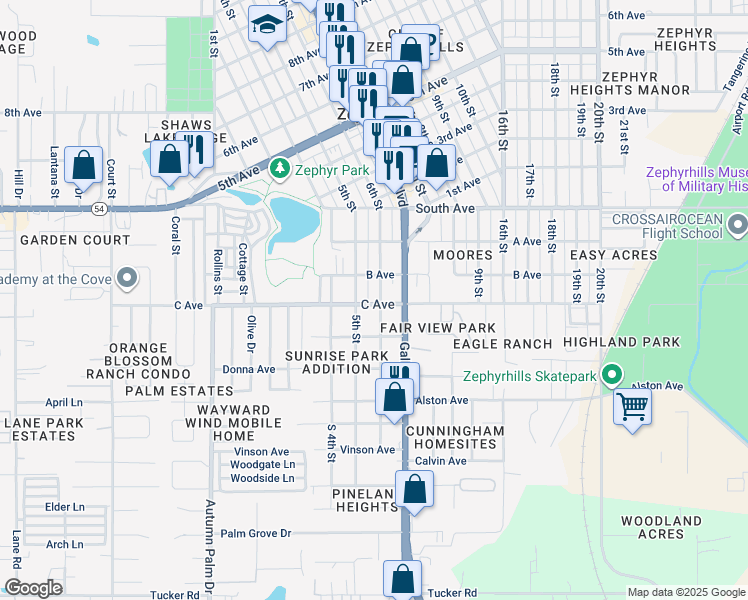 map of restaurants, bars, coffee shops, grocery stores, and more near 4754 5th Street in Zephyrhills