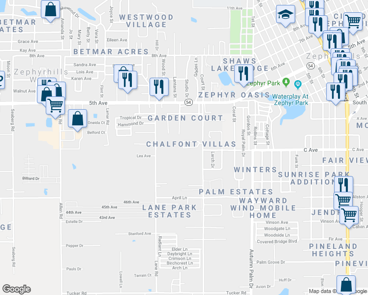 map of restaurants, bars, coffee shops, grocery stores, and more near 4725 Silver Circle in Zephyrhills