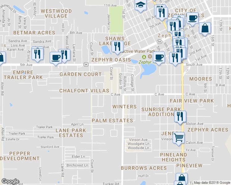 map of restaurants, bars, coffee shops, grocery stores, and more near 4739 Rollins Street in Zephyrhills