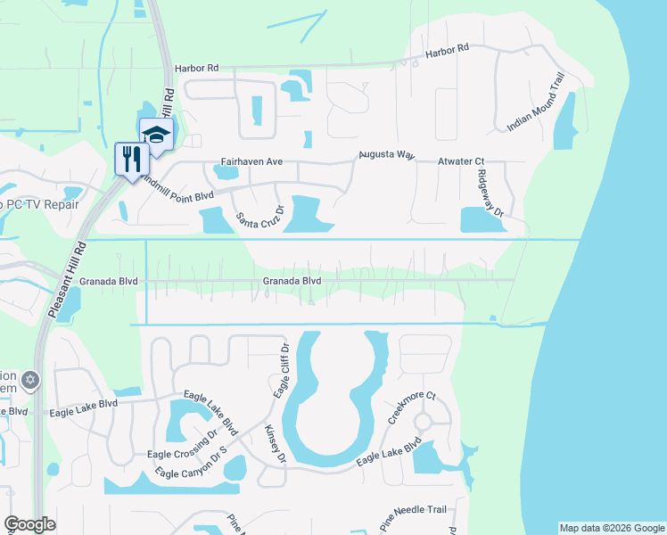 map of restaurants, bars, coffee shops, grocery stores, and more near 2151 Granada Boulevard in Kissimmee