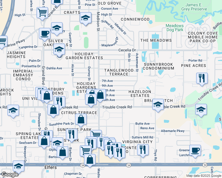 map of restaurants, bars, coffee shops, grocery stores, and more near 6105 11th Avenue in New Port Richey