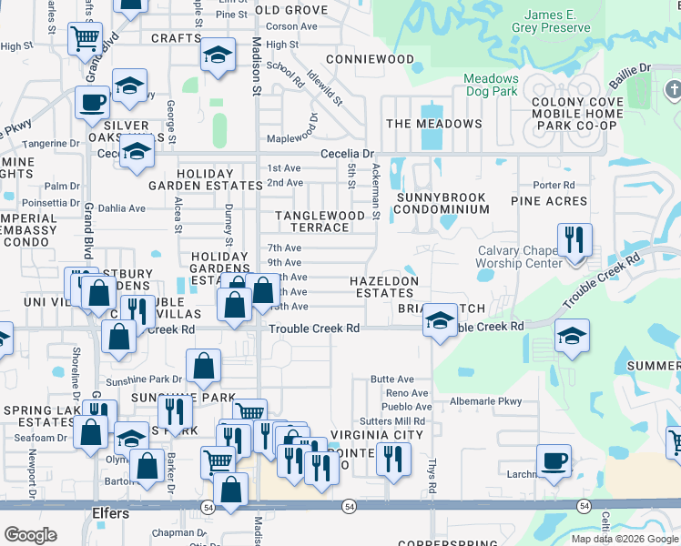 map of restaurants, bars, coffee shops, grocery stores, and more near 6218 9th Avenue in New Port Richey