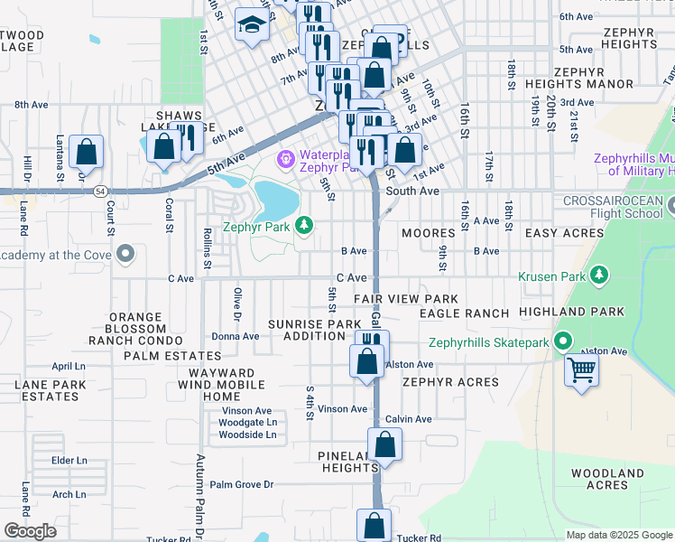 map of restaurants, bars, coffee shops, grocery stores, and more near 4754 5th Street in Zephyrhills
