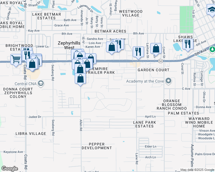 map of restaurants, bars, coffee shops, grocery stores, and more near 4720 Lamar Road in Zephyrhills