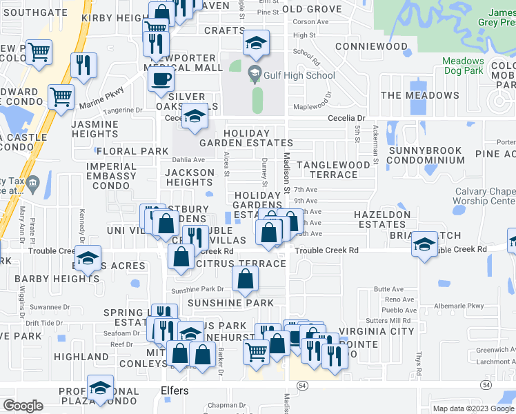 map of restaurants, bars, coffee shops, grocery stores, and more near 4634 Bowl Street in New Port Richey