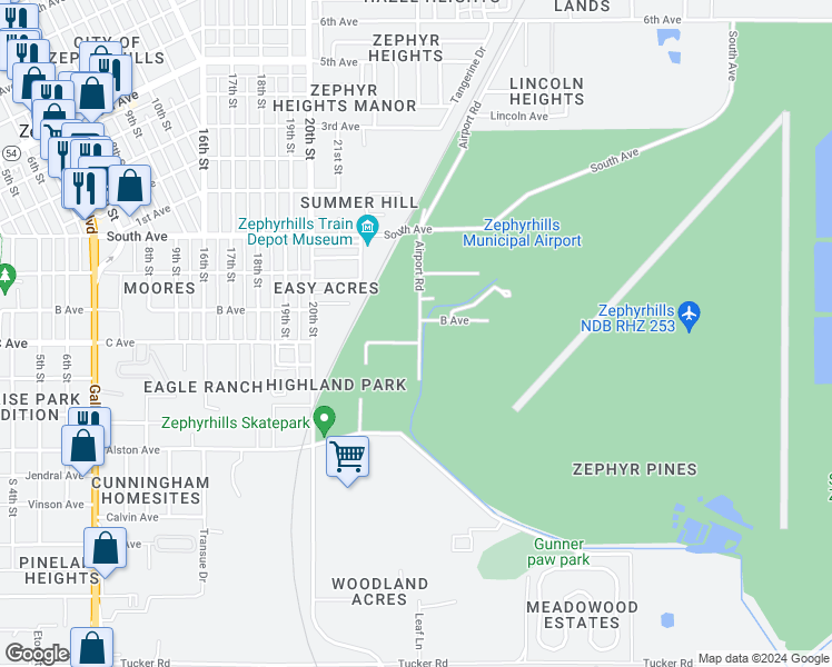 map of restaurants, bars, coffee shops, grocery stores, and more near 4801 Airport Road in Zephyrhills