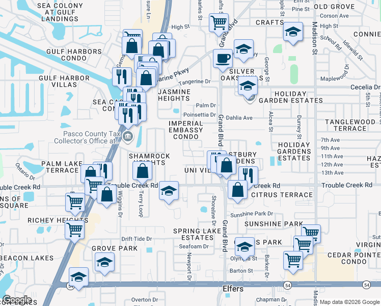 map of restaurants, bars, coffee shops, grocery stores, and more near 5312 Buttonwood Drive in New Port Richey