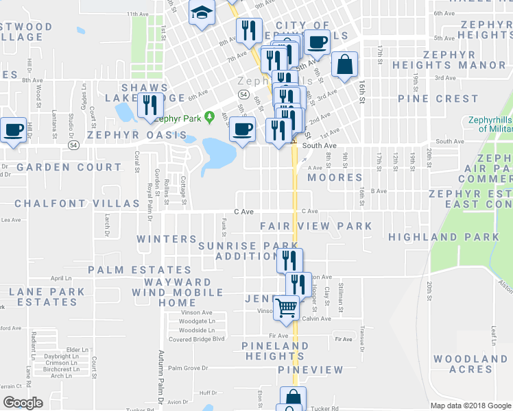 map of restaurants, bars, coffee shops, grocery stores, and more near 4737 5th Street in Zephyrhills
