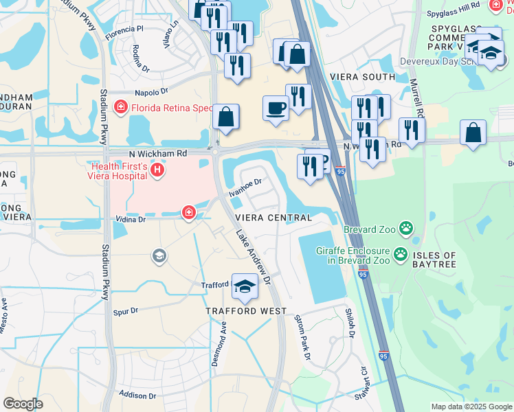 map of restaurants, bars, coffee shops, grocery stores, and more near 8594 Eola Court in Melbourne