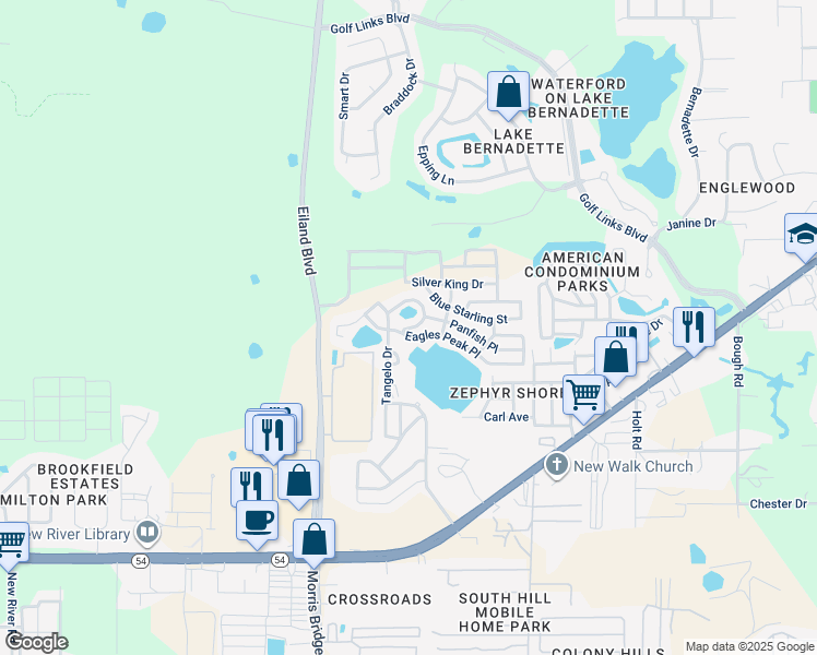 map of restaurants, bars, coffee shops, grocery stores, and more near Sturgeon Loop in Zephyrhills
