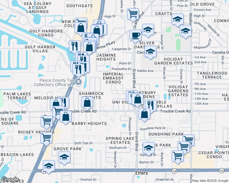 map of restaurants, bars, coffee shops, grocery stores, and more near 5312 Buttonwood Drive in New Port Richey