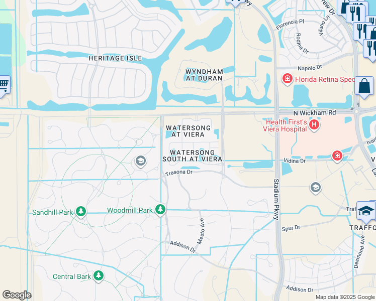 map of restaurants, bars, coffee shops, grocery stores, and more near 7300 Watersong Lane in Melbourne