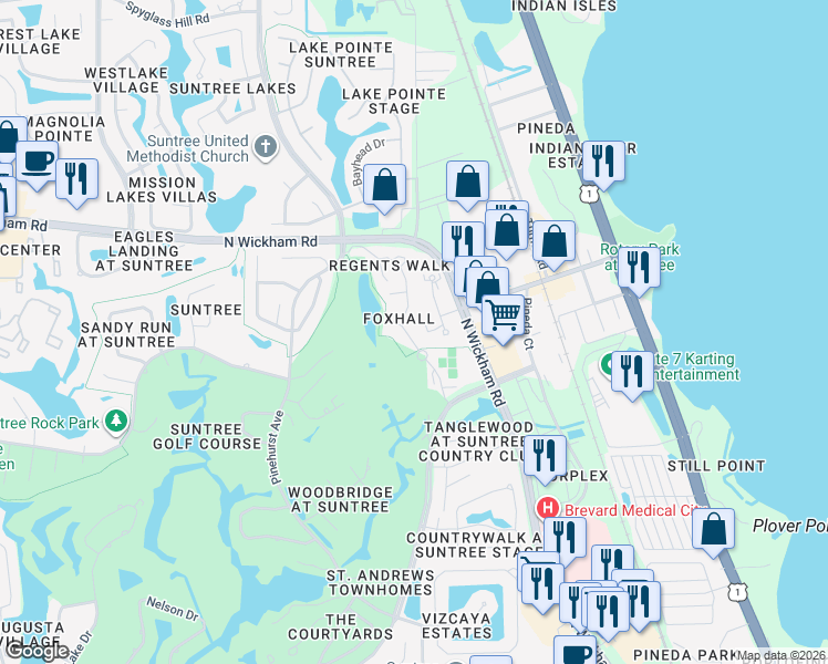 map of restaurants, bars, coffee shops, grocery stores, and more near 275 Country Club Drive in Melbourne