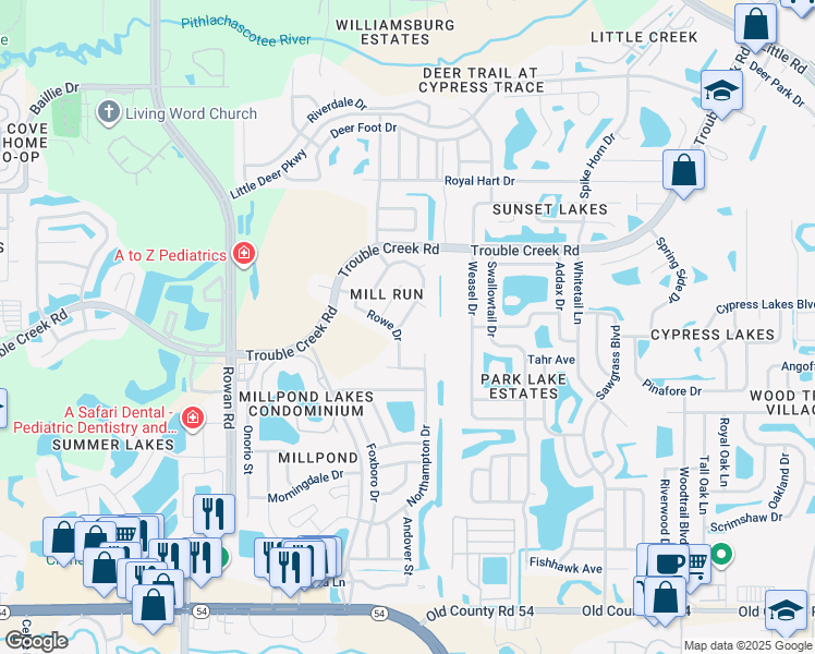 map of restaurants, bars, coffee shops, grocery stores, and more near 4650 Mill Run Drive in New Port Richey