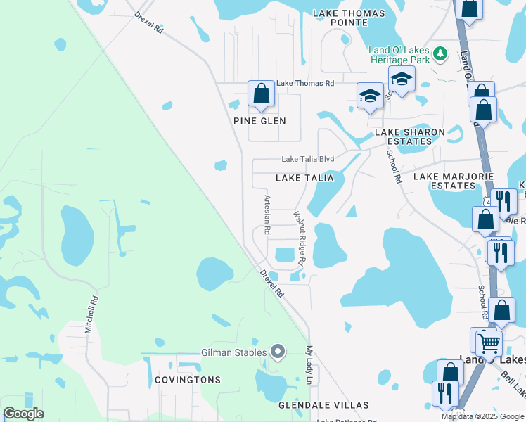 map of restaurants, bars, coffee shops, grocery stores, and more near 4743 Artesian Road in Land O' Lakes