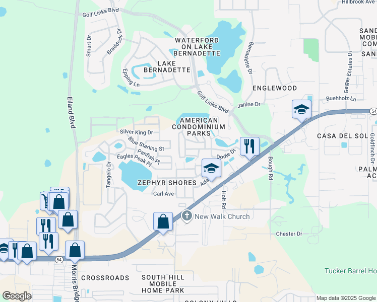 map of restaurants, bars, coffee shops, grocery stores, and more near 4806 Elwana Way in Zephyrhills