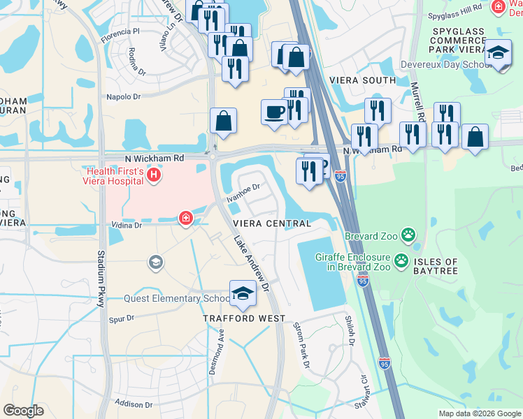 map of restaurants, bars, coffee shops, grocery stores, and more near 8544 Eola Court in Melbourne