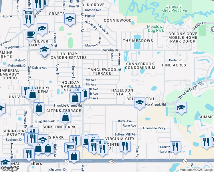 map of restaurants, bars, coffee shops, grocery stores, and more near 6218 9th Avenue in New Port Richey