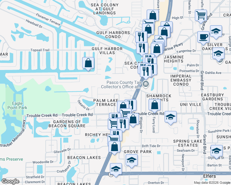map of restaurants, bars, coffee shops, grocery stores, and more near 4615 Irene Loop in New Port Richey