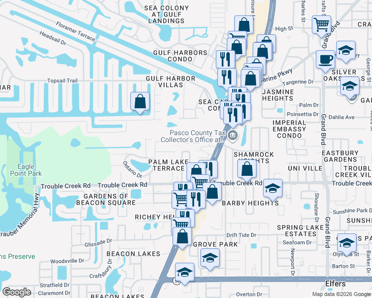 map of restaurants, bars, coffee shops, grocery stores, and more near 4615 Irene Loop in New Port Richey