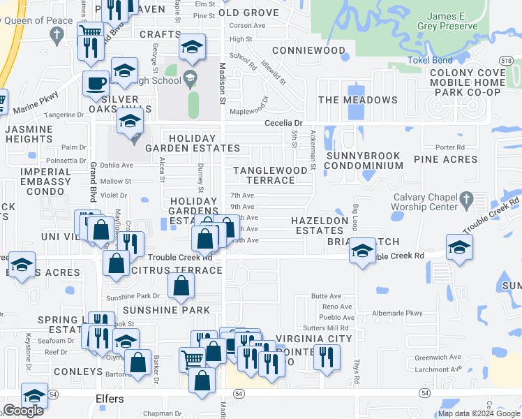 map of restaurants, bars, coffee shops, grocery stores, and more near 6122 9th Avenue in New Port Richey