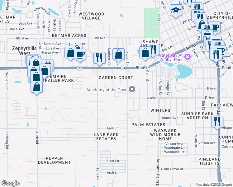 map of restaurants, bars, coffee shops, grocery stores, and more near 4756 Silver Circle in Zephyrhills