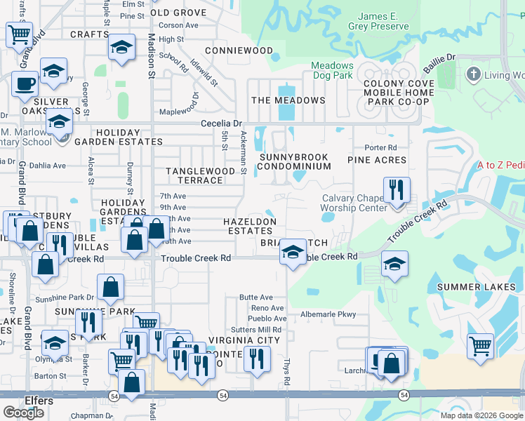 map of restaurants, bars, coffee shops, grocery stores, and more near 6405 Shane Lane in New Port Richey