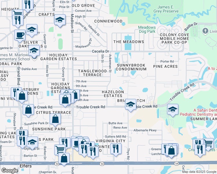 map of restaurants, bars, coffee shops, grocery stores, and more near 4644 Ackerman Street in New Port Richey