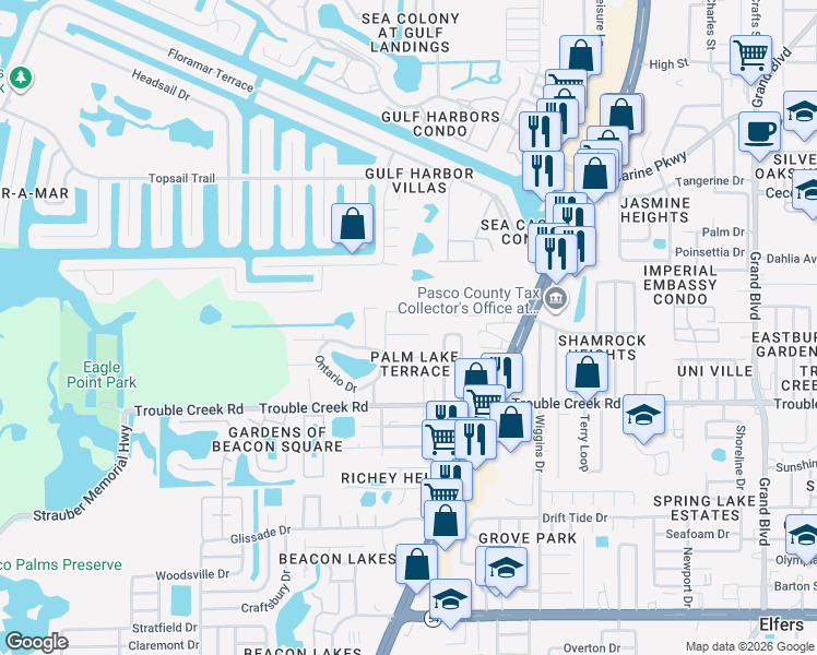 map of restaurants, bars, coffee shops, grocery stores, and more near 4645 Naftis Lane in New Port Richey