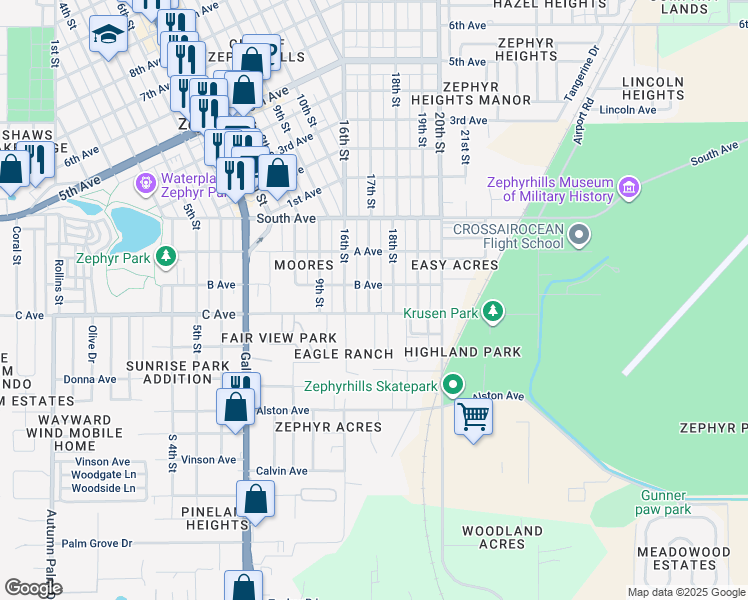 map of restaurants, bars, coffee shops, grocery stores, and more near 4748 17th Street in Zephyrhills