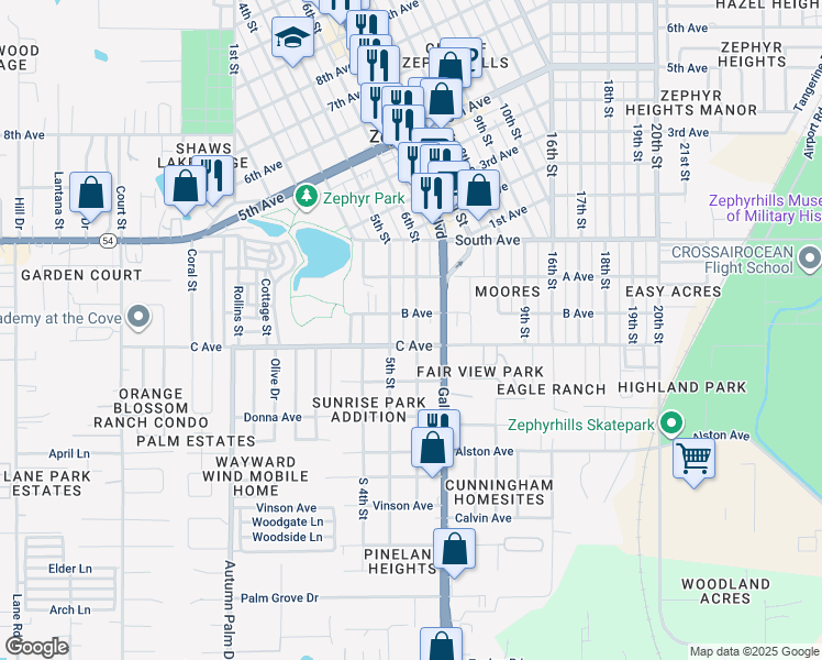map of restaurants, bars, coffee shops, grocery stores, and more near 4749 6th Street in Zephyrhills