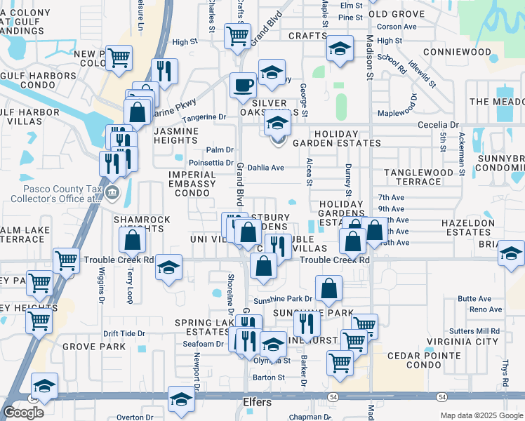 map of restaurants, bars, coffee shops, grocery stores, and more near 4647 Mayflower Drive in Port Richey