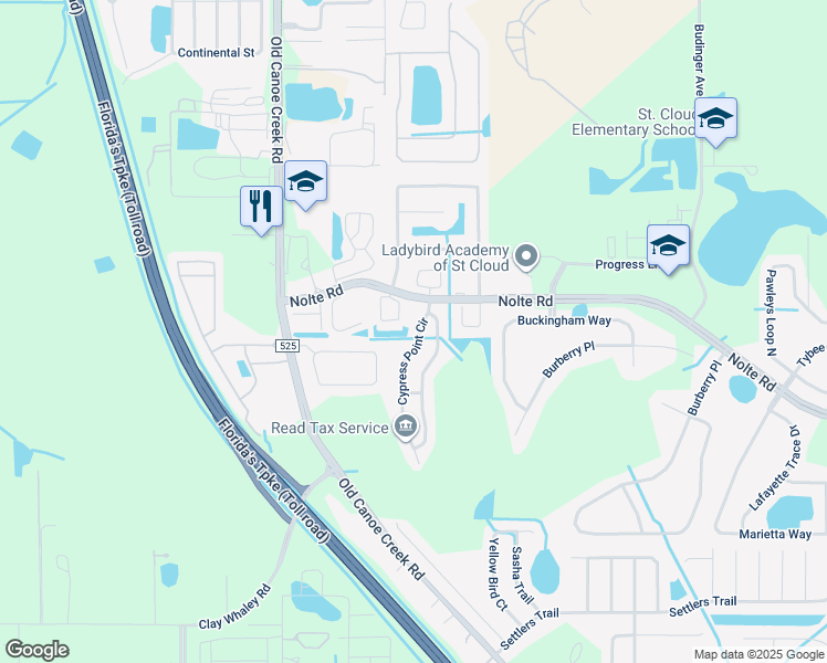 map of restaurants, bars, coffee shops, grocery stores, and more near 3310 Cypress Point Circle in Saint Cloud