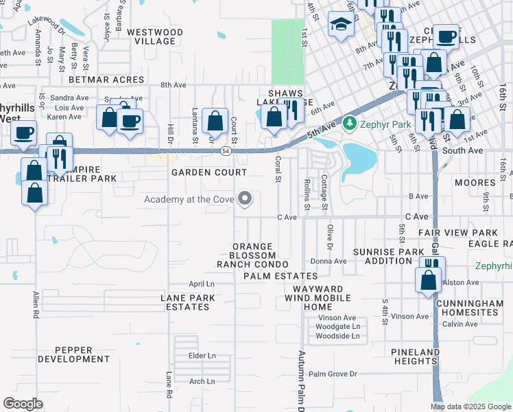 map of restaurants, bars, coffee shops, grocery stores, and more near 4739 Timber Way in Zephyrhills