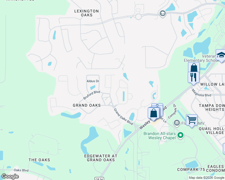 map of restaurants, bars, coffee shops, grocery stores, and more near 4824 Woodmere Road in Land O' Lakes