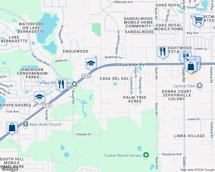 map of restaurants, bars, coffee shops, grocery stores, and more near 35804 Brisa Drive in Zephyrhills