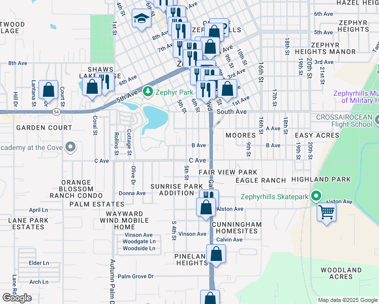 map of restaurants, bars, coffee shops, grocery stores, and more near 4754 5th Street in Zephyrhills