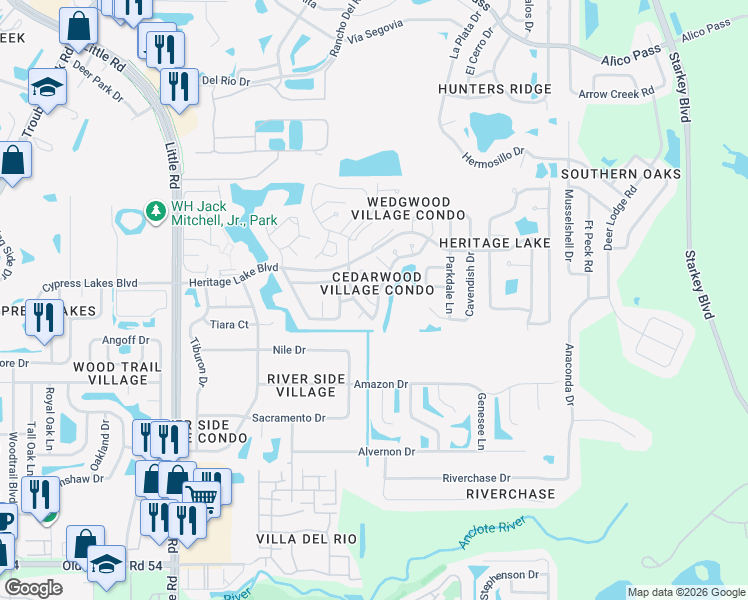 map of restaurants, bars, coffee shops, grocery stores, and more near 4644 Wallingford Court in New Port Richey