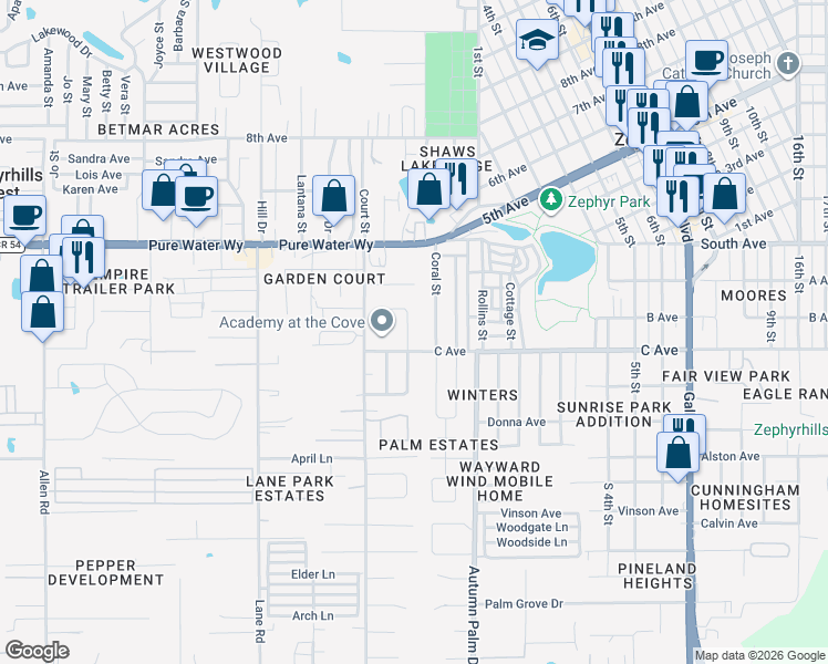 map of restaurants, bars, coffee shops, grocery stores, and more near 4739 Timber Way in Zephyrhills
