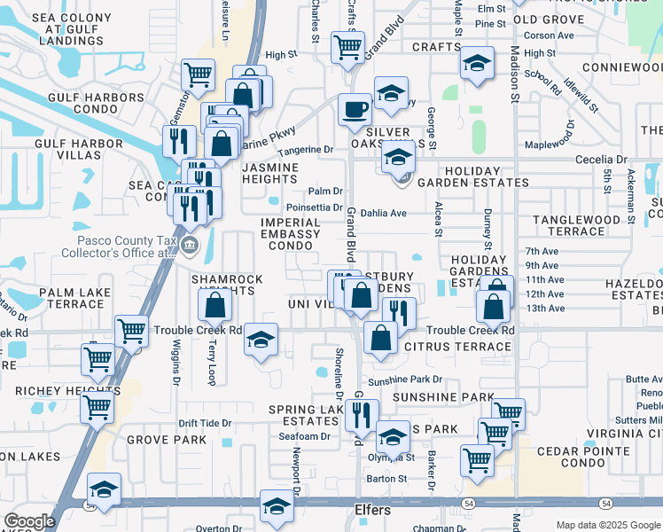 map of restaurants, bars, coffee shops, grocery stores, and more near 5351 Buttonwood Drive in Port Richey