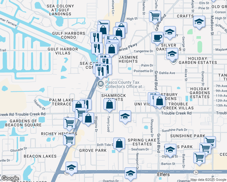 map of restaurants, bars, coffee shops, grocery stores, and more near 4648 Belfast Drive in New Port Richey