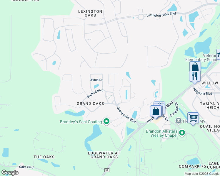 map of restaurants, bars, coffee shops, grocery stores, and more near 25719 Bloomsbury Court in Pasco County