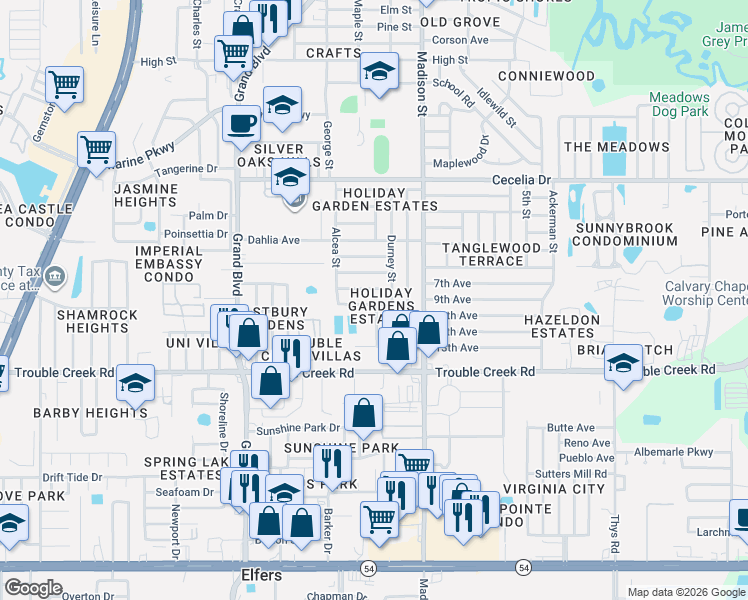 map of restaurants, bars, coffee shops, grocery stores, and more near 5839 10th Avenue in Port Richey